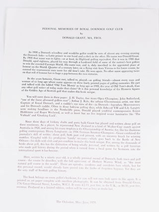 Hand written and signed letter by Donald Grant regarding his book. Personal Memories of Royal Dornoch Golf Club 1900 - 1925 plus advertising review