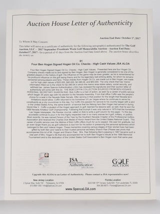 Ben Hogan Oil Co. autographed cheque