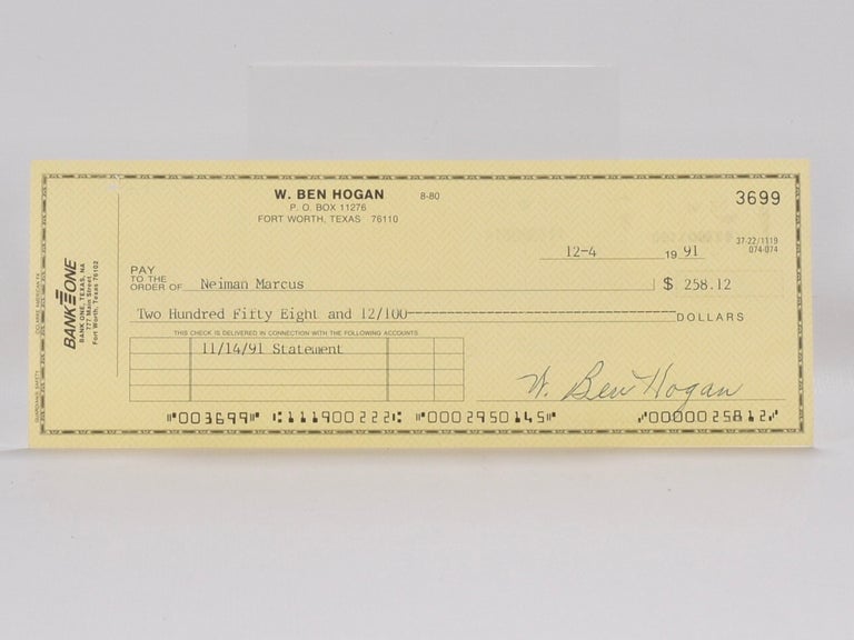 Item #6163 Bank One signed/ autographed cheque. Ben Hogan.