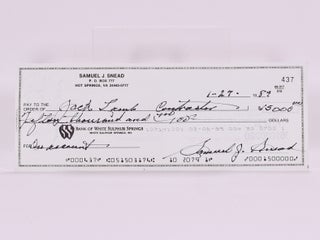Item #6513 Bank of White Sulpur Springs signed/ autographed cheque. Sam Snead