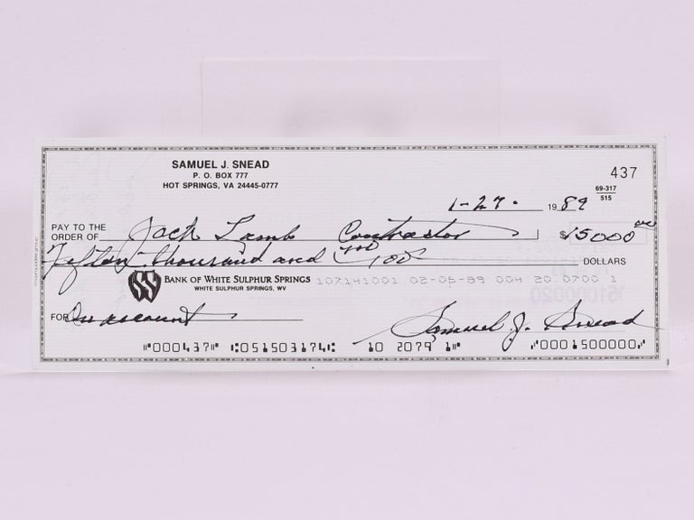 Item #6513 Bank of White Sulpur Springs signed/ autographed cheque. Sam Snead.