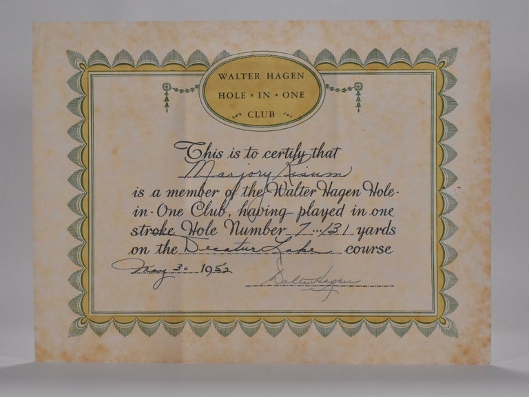 Item #6566 Hole in One Certificate. Walter Hagen.