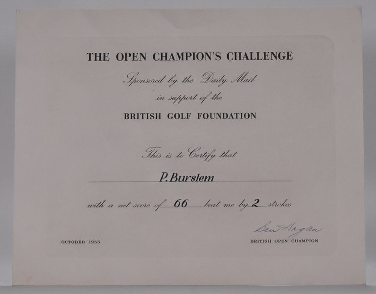 Item #6731 I Beat "Ben Hogan" certificate "Carnoustie 1953" Ben Hogan.