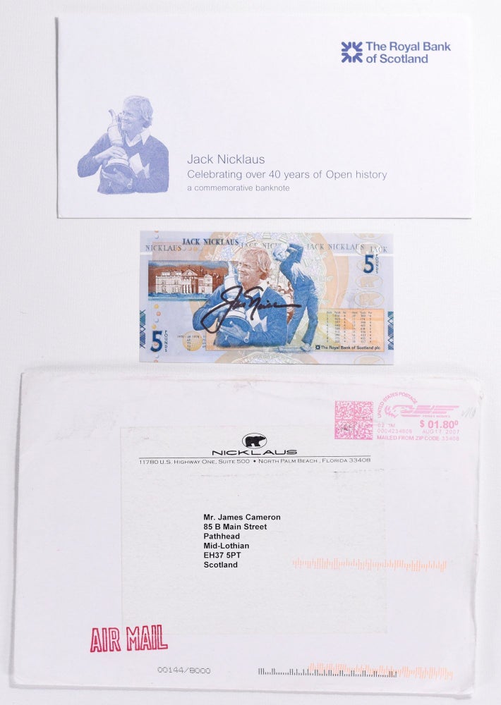 Item #8590 Jack Nicklaus £5.00 note and commerative holder/envelope. Royal Bank of Scotland.