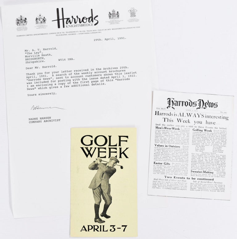 Item #8816 "Golf Week", advertising flyer. Vardon, Braid, Taylor, Herd, Ray, Duncan, White all Open Champion's !! Harrods.